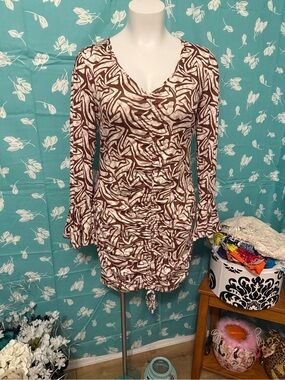 SHEIN Brown & Cream Abstract Ruched Long-Sleeve Tunic